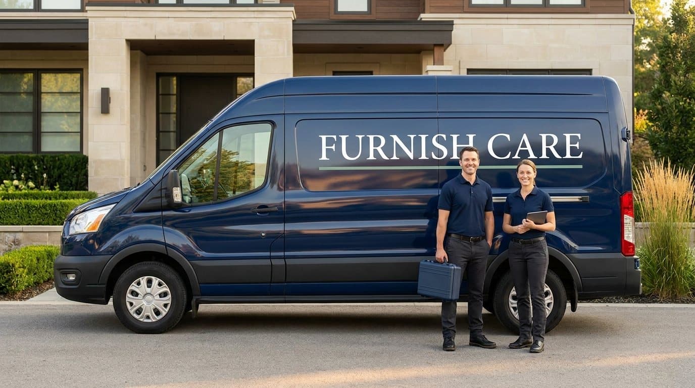 Two Furnish Care technicians standing beside a Furnish Care van outside a client's home